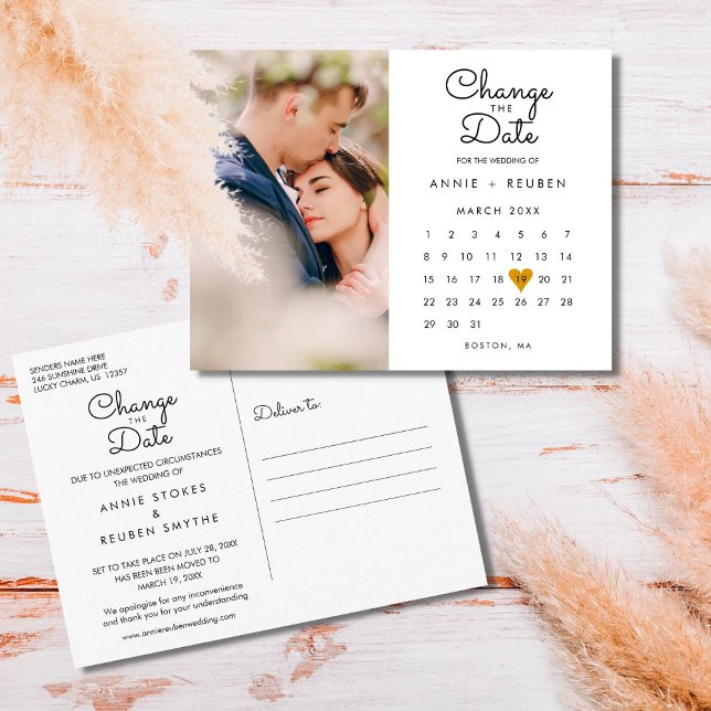 Cartão Postal Mudar a data Calendário Dourado Coração Foto (Criador carregado)