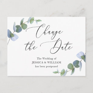 Cartão Postal Mudar a Data Casamento Elegante Eucalipto