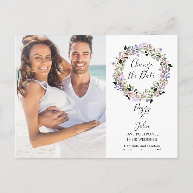 Cartão Postal Mudar a Data do Casamento Adiado Foto Script (Frente)