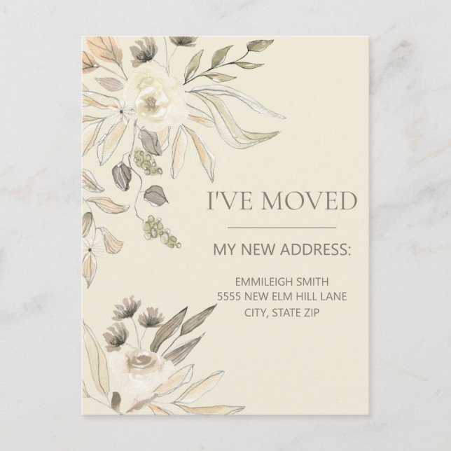 Cartão Postal Mudar Endereço Creme Marrom Aquarela Floral (Frente)