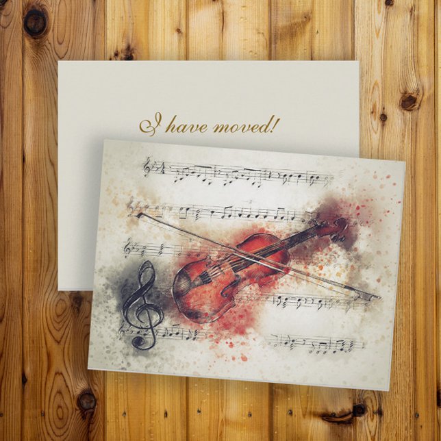 Cartão Postal Mudar Endereço Watercolor Violin Sheet Music (Elegant violin/music change of address card)