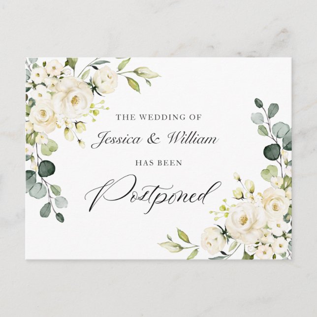 Cartão Postal Mude a Data Elegante Eucalipto Rosas Brancas (Frente)