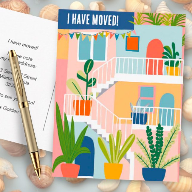 Cartão Postal Mudei De Endereço Para Apartamento Tropical (Colorful apartment building moving announcement address change custom postcard - add your own text)