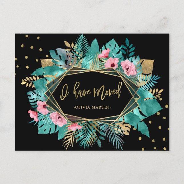 Cartão Postal Mudei | Folhas Tropicais Douradas se Movendo (Frente)