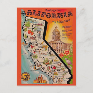 Cartão Postal Muito Vintage Mapa da Calfornia