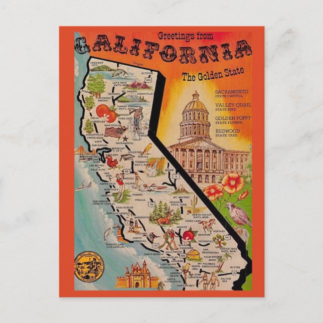 Cartão Postal Muito Vintage Mapa da Calfornia (Frente)
