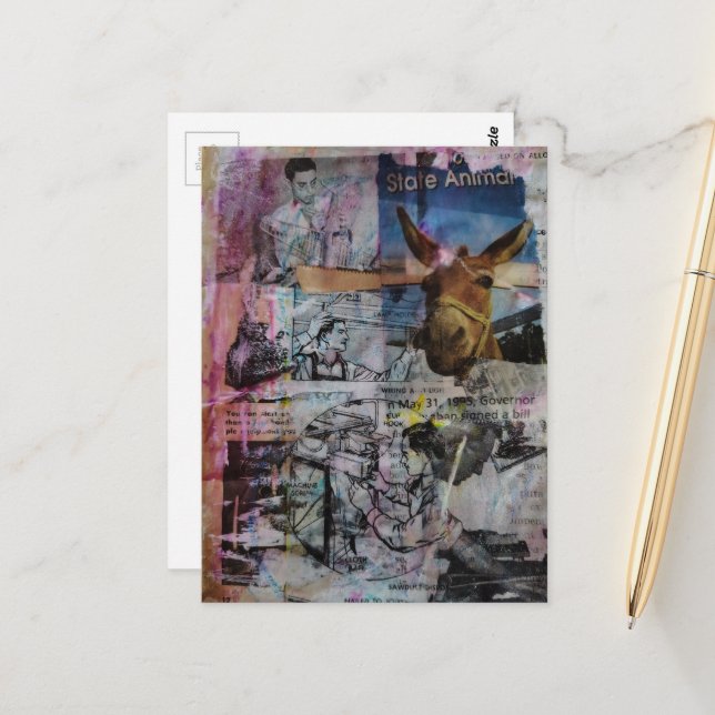 Cartão Postal Mule and Men a unique Mixed Media Collage (Frente/Verso In Situ)