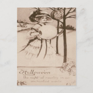 Cartão Postal Mulher Abóbora Jack O' Lantern Lua Crescente