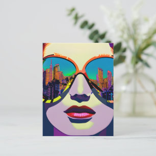 Cartão Postal Mulher Abstrata de Óculos de Sol com Reflexo da Ci