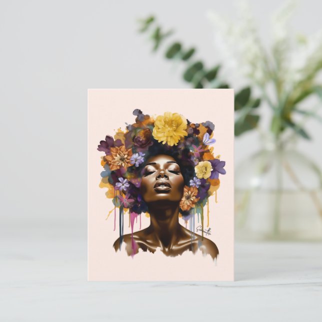 Cartão Postal Mulher afro-americana com cabelo afro floral (3) (Em pé/Frente)