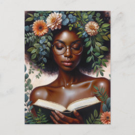 Cartão Postal Mulher Afro Botânica Lendo Livro