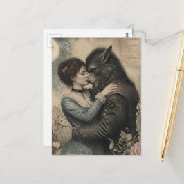 Cartão Postal Mulher Antiga e Lobisomem Apaixonados 