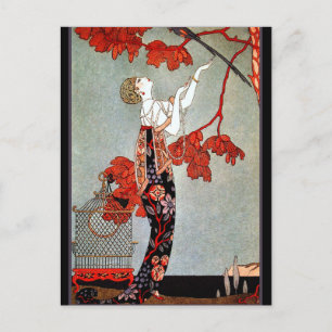 Cartão Postal Mulher Art Déco e o Papagaio