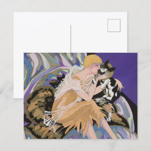 Cartão Postal Mulher Art Déco Vintage com Gato por S. Chompre