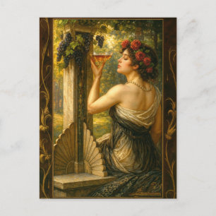 Cartão Postal Mulher Art Nouveau em Vinha com Vinho