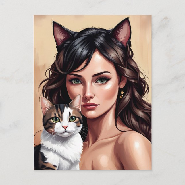 Cartão Postal Mulher artística com gato (Frente)