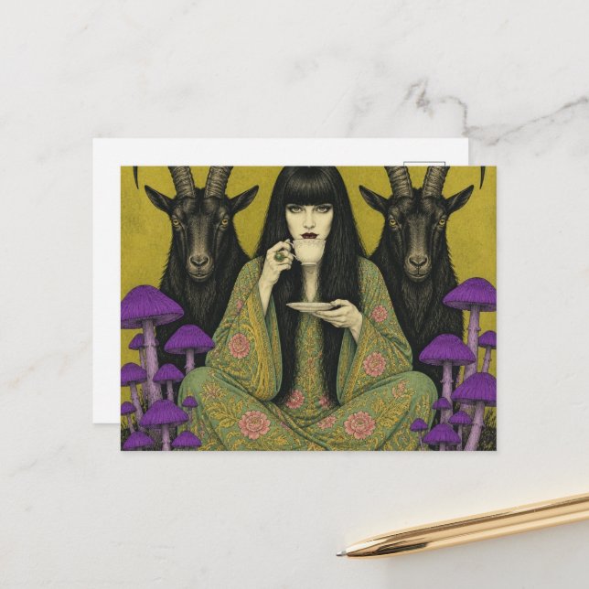 Cartão Postal Mulher Bebe Chá Com Dois Cabritos Pretos (Frente/Verso In Situ)