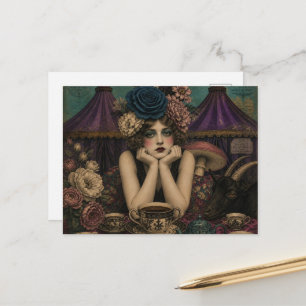 Cartão Postal Mulher Bebe Chá no Circo Com Bode Preto