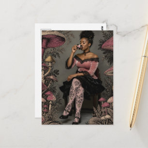 Cartão Postal Mulher Bonita Bebe Chá Cogumelos Rosa