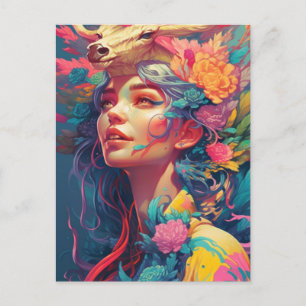 Cartão Postal Mulher Bonita e Flores