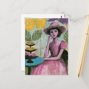Cartão Postal Mulher Bonita na Mesa de Cupcakes