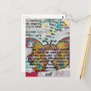Cartão Postal Mulher Borboleta Hippie Colagem Mídia Mista