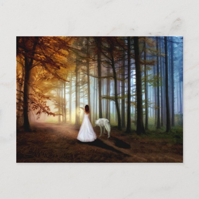 Cartão Postal Mulher caminhando com um lobo (Frente)