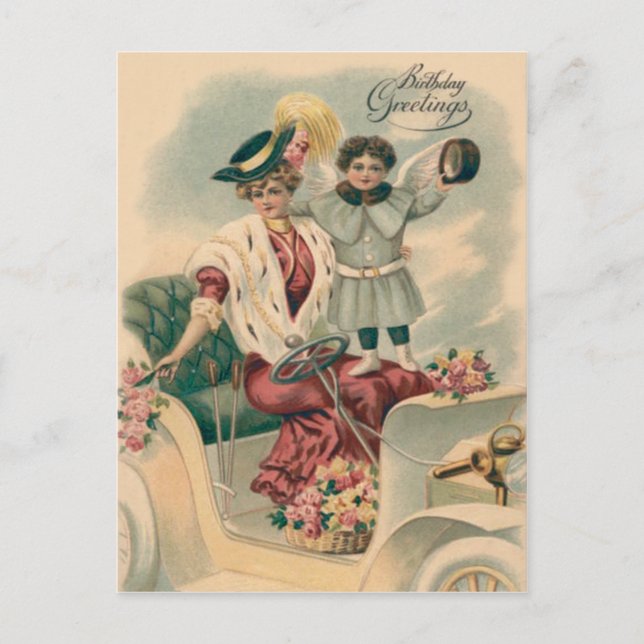Cartão Postal Mulher Carro Querubim Anjo Rosas (Frente)