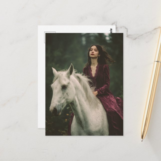 Cartão Postal Mulher cavalgando um cavalo de Cinza num vestido s (Frente/Verso In Situ)