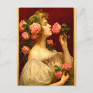 Cartão Postal Mulher Cheirando Uma Rosa Era Vitoriana Retro