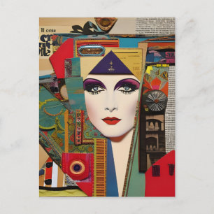 Cartão Postal Mulher Colagem Mista Abstrata Colorida