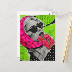 Cartão Postal Mulher Com Bolsa De Morango Colagem Surrealista