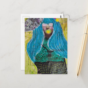 Cartão Postal Mulher Com Cabelo Azul Colagem Mídia Mista