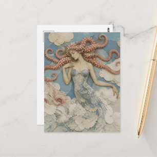 Cartão Postal Mulher Com Cabelo de Polvo nas Nuvens Colagem
