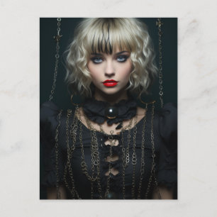 Cartão Postal Mulher com Cabelo Louro Vestido Negro e Cadeias