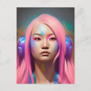 Cartão Postal Mulher Com Cabelo Rosa