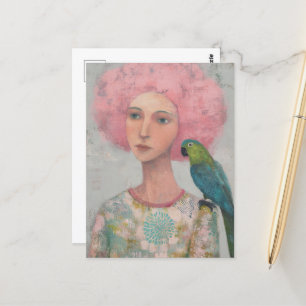 Cartão Postal Mulher com Cabelo Rosa e Pássaro