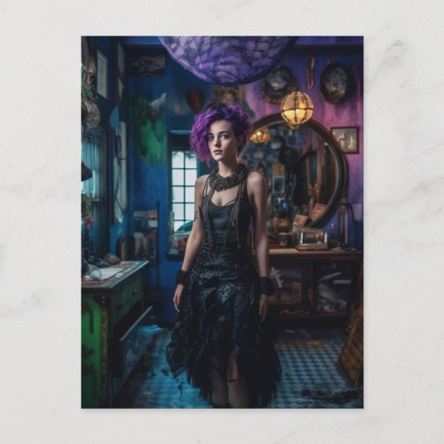 Cartão Postal Mulher com cabelo roxo no Compro de fantasia (Frente)