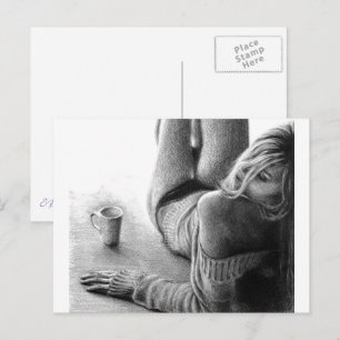 Cartão Postal Mulher com café da manhã Lápis desenhando arte