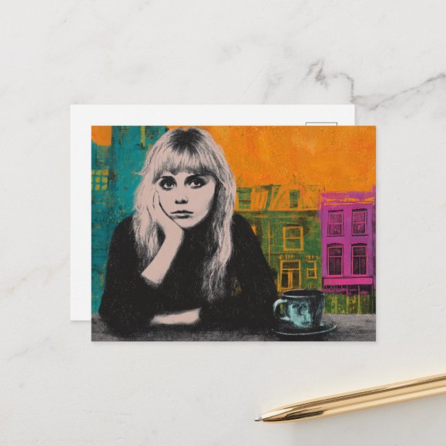 Cartão Postal Mulher Com Café Mídia Mista Colorida (Frente/Verso In Situ)