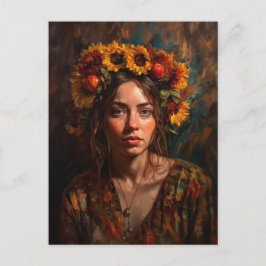 Cartão Postal Mulher Com Coroa de Colheita de Outono de Girassói