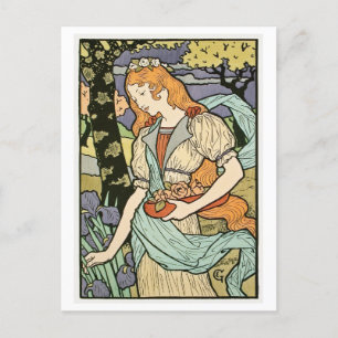 Cartão Postal Mulher com Flores Art Deco Vintage