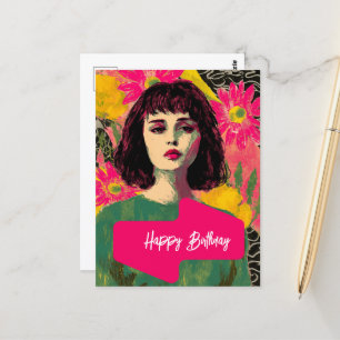 Cartão Postal Mulher Com Flores Feliz Aniversário