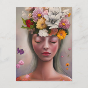 Cartão Postal Mulher Com Flores na Cabeça