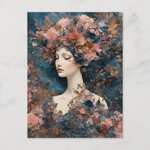 Cartão Postal Mulher com Flores Rosa Mistura Colagem de Mídia