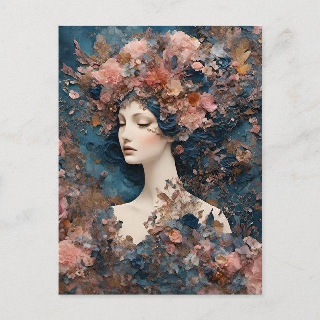Cartão Postal Mulher com Flores Rosa Mistura Colagem de Mídia (Frente)