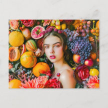 Mulher com frutas cítricas e grinalda de flores