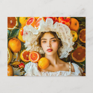 Cartão Postal Mulher com frutas cítricas e grinalda de flores