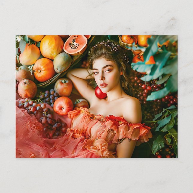 Cartão Postal Mulher com frutas e flores estilo retrato (Frente)