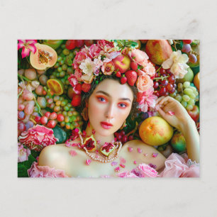 Cartão Postal Mulher com frutas tropicais e acentos florais